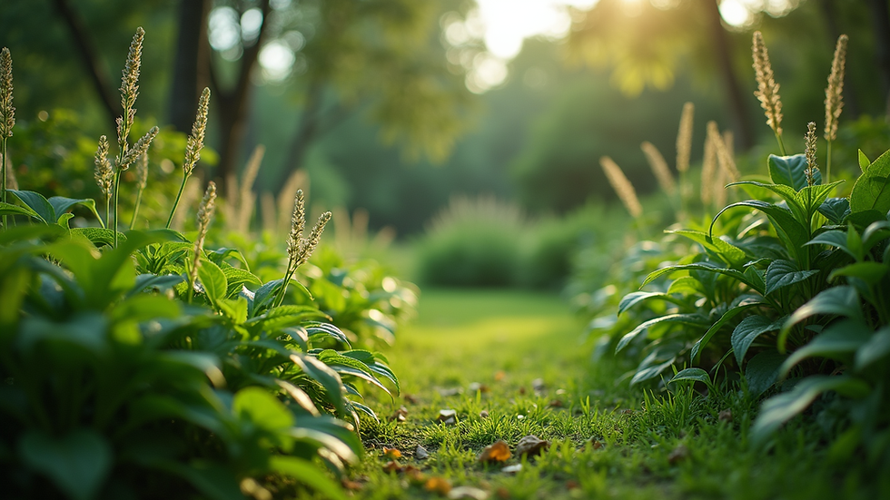 Eye-level view of a lush green garden with diverse plants