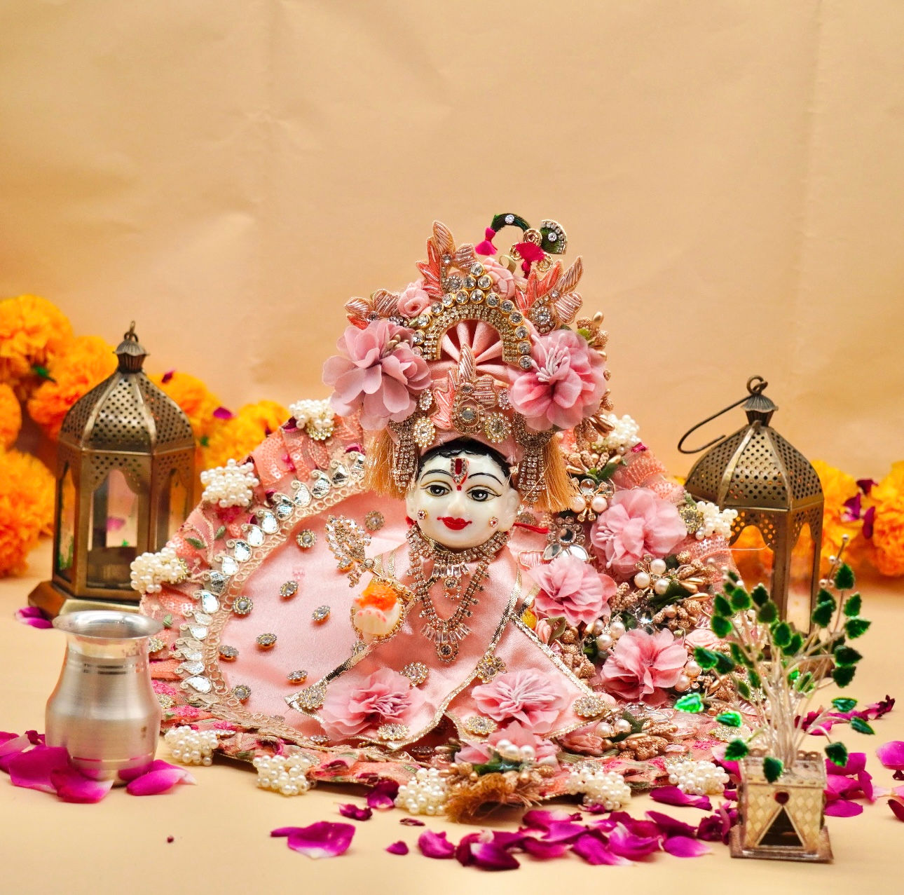 Peach Pushpanjali Laddu Gopal Poshak With Pagdi