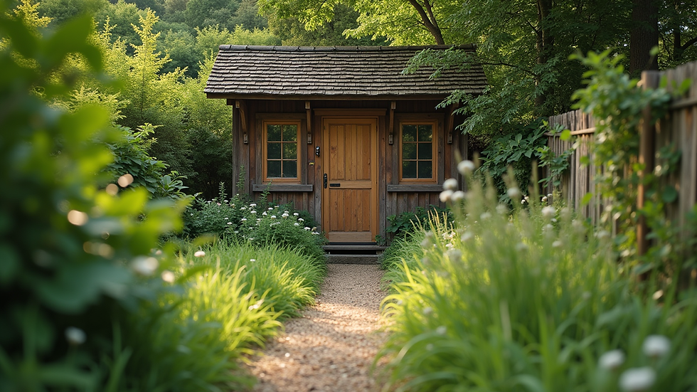Eye-level view of a rustic wooden garden shed surrounded by greenery
