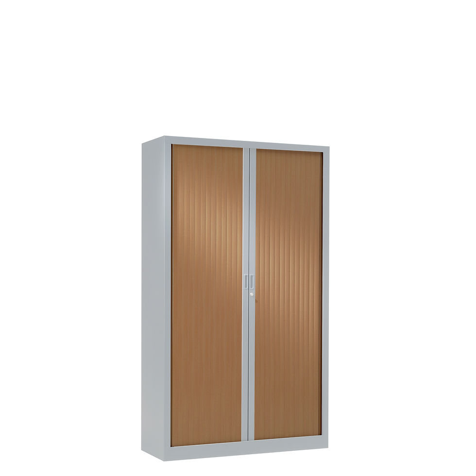 Thumbnail: Armoire à rideaux bicolore 136 x 80 cm - Corps gris aluminium - Rideaux bois