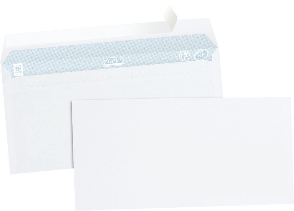 Boîte 500 enveloppes blanches DL 110x220 80g/m² bande de protection
