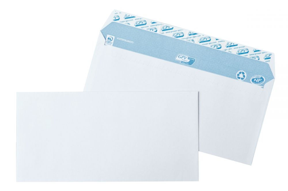 Boîte 500 Enveloppes blanches DL 110x220 90g/m² bande de protection