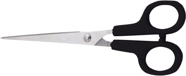 Ciseaux ambidextres, anneaux en plastique, lames inox, bouts pointus. 17cm