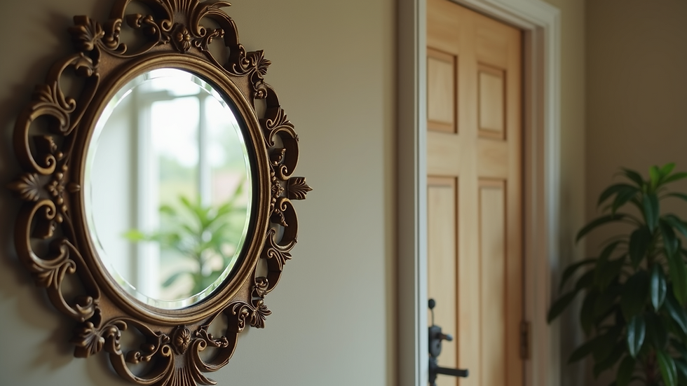 Eye-level view of a vintage ornate mirror hanging on a living room wall