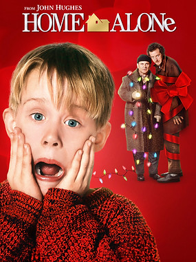 The Artwork for Home Alone with Kevin (the main character) in the forground, hands on face and screeming. with the two Burglers in the background stick in christmas lights and ribbon. 