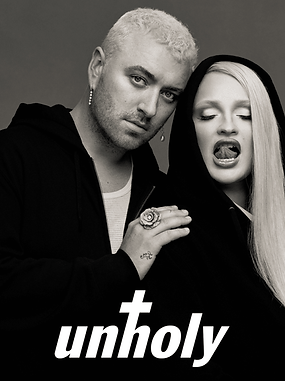 Image for Sam Smith and Kim Petras in black and white for their song Unholy. Zebr helped bring attenting on TikTok with the original sound pre-launch. 