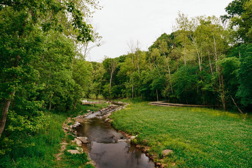 this image shows a creek flowing thorugh a grassy opening in the woods with a bike path and boardwalk