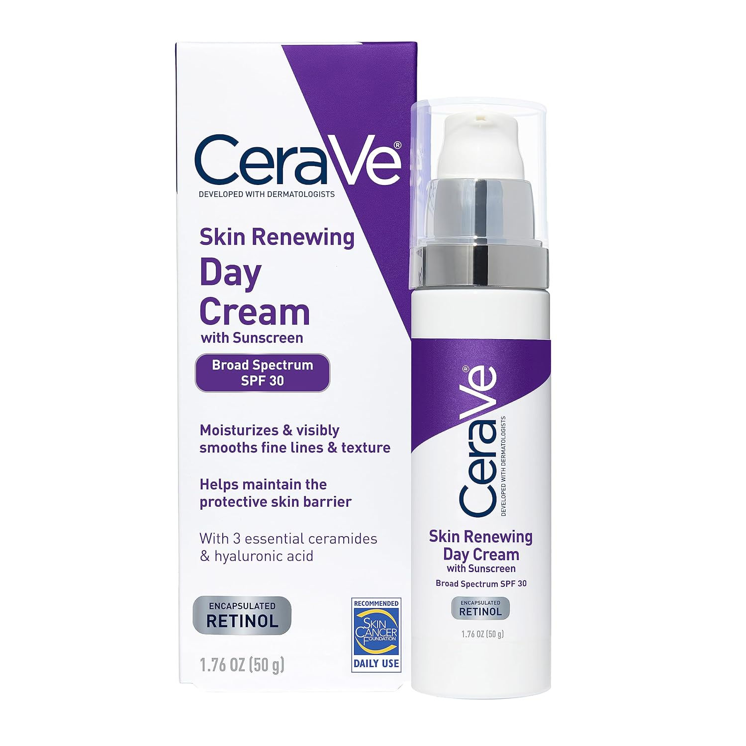 CeraVe Dry Cream 皮膚修復日霜 含視黃醇防曬霜 多用途抗衰老面霜 面部保溼霜和面部防曬霜 含視黃醇 透明質酸和 SPF 30 1.76 盎司oz