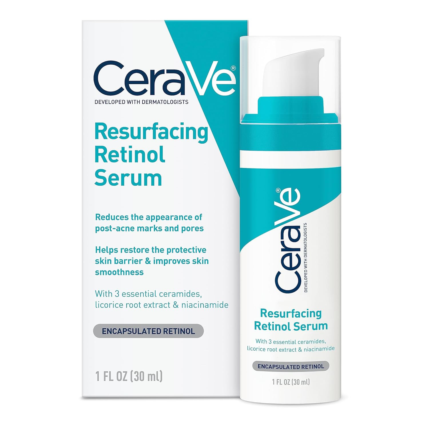 CeraVe Resurfacing Retinol 視黃醇精華液 適用於痤瘡痕跡和皮膚紋理 細緻毛孔 修復 亮白 面部精華液 含視黃醇 1 盎司 oz