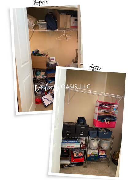 photo shows closet before: cluttered and messy and after: organized into zones 