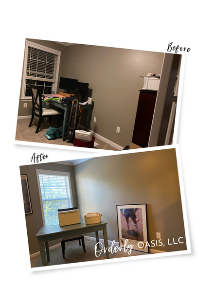 Orderly Oasis, LLC organized this messy office.  The key was to move furniture and the contents in a way that would fit and flow with the space better