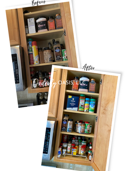a chaotic spice cabinet with disorganized containers and cluttered shelves turned into a meticulously organized spice cabinet. Orderly Oasis, LLC transformation. 
