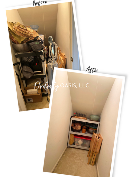 Under the stairs storage area was made accessible after we decluttered and repositioned the bulky storage shelves
