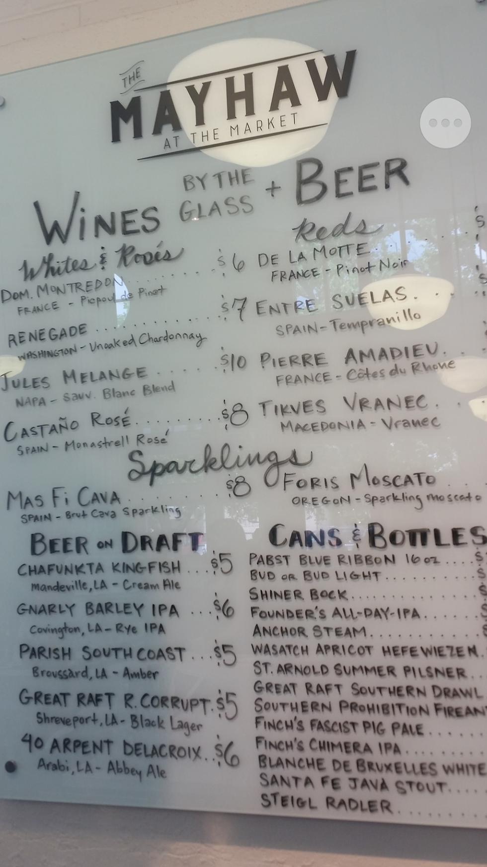 Beer and wine menu