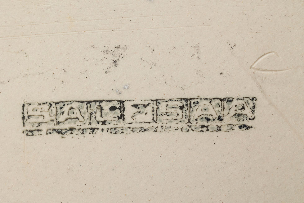 A clean-lined rectangular white glazed ceramic serving platter, stamped SALZBAV to the base, denoting production by Salzmann