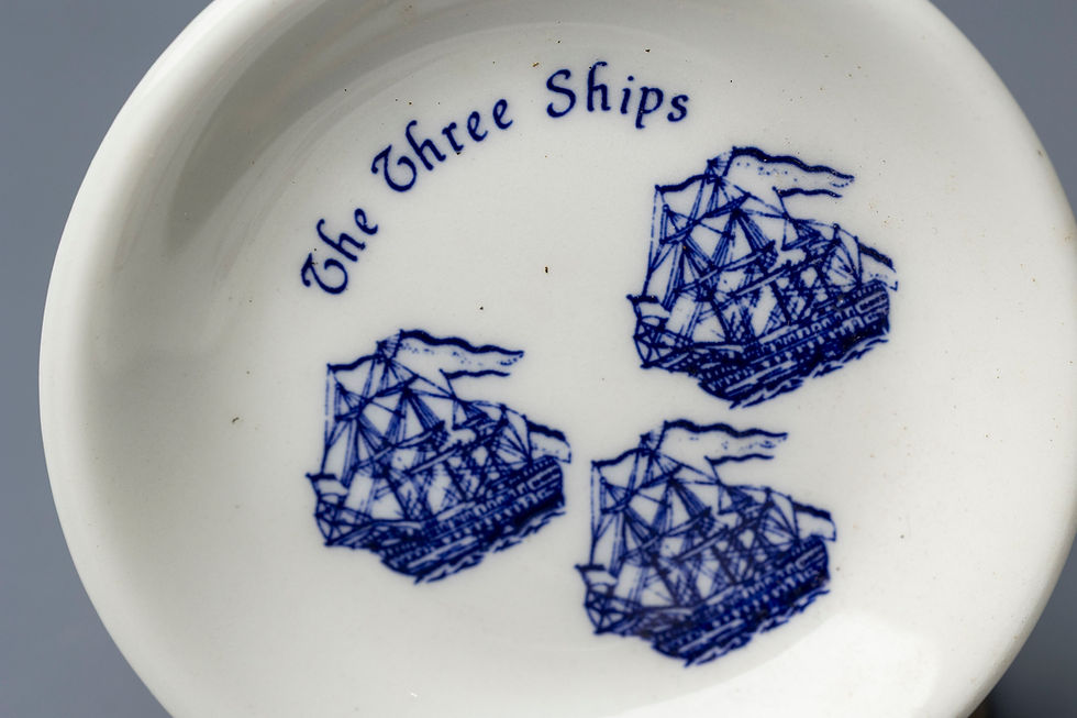 These small porcelain dishes (often used as pin trays, ashtrays, or souvenir dishes) display a classic British maritime