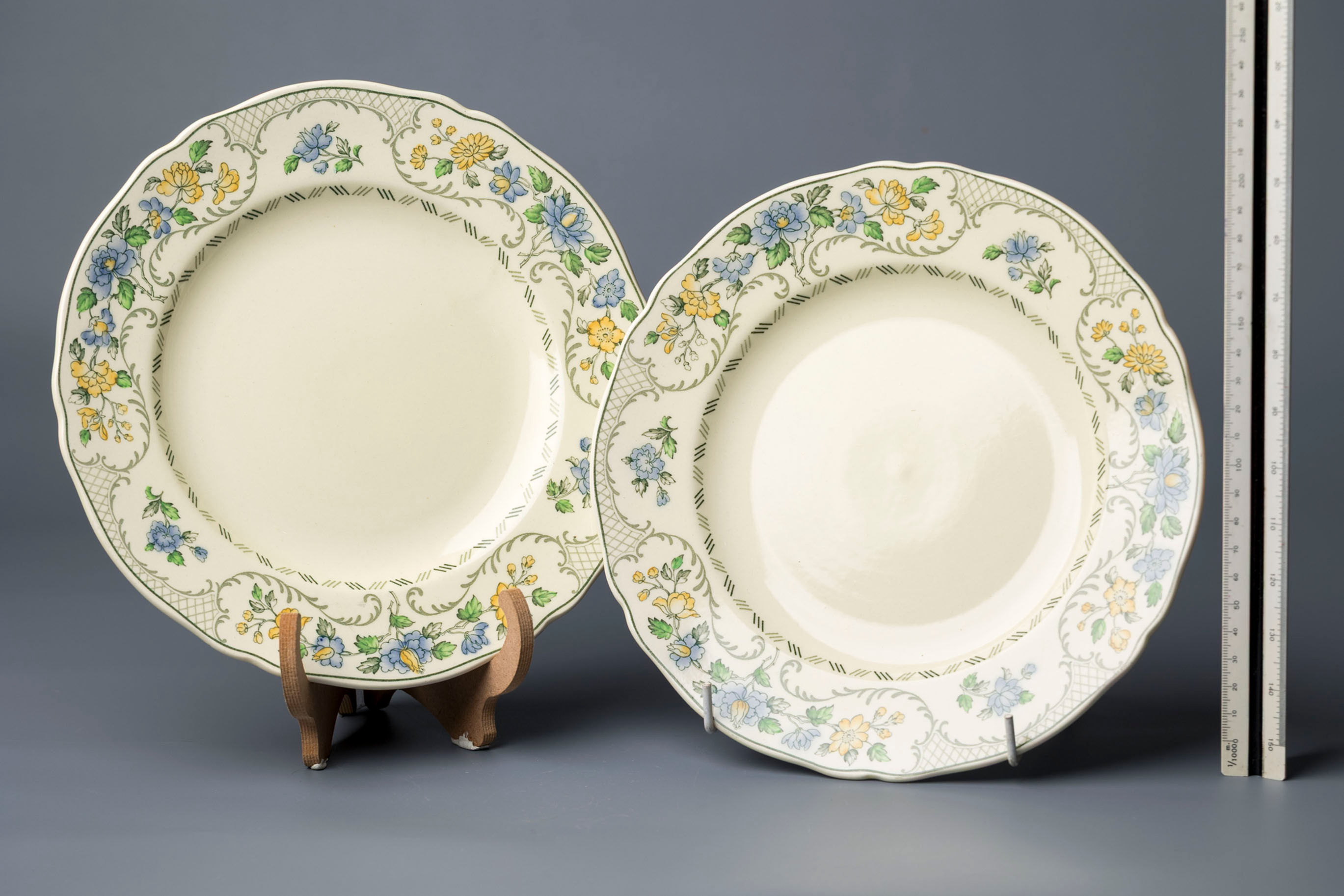 These plates belong to the "Royal Jasmine" line by Copeland Spode, with the specific pattern variation titled Milford.