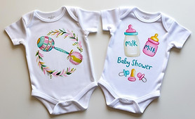 Can you make me an image of pair of baby onsies with hand painted baby shower themes or wo