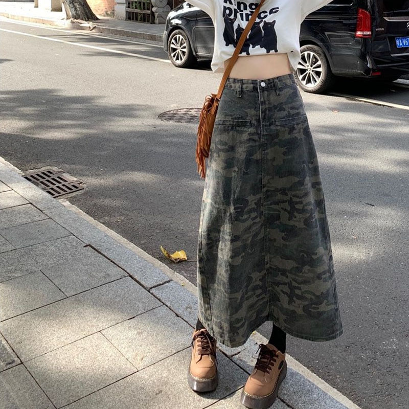 Fashion Back Split A-Line Skirt Women Vintage High Waist Distressed Cargo Jean