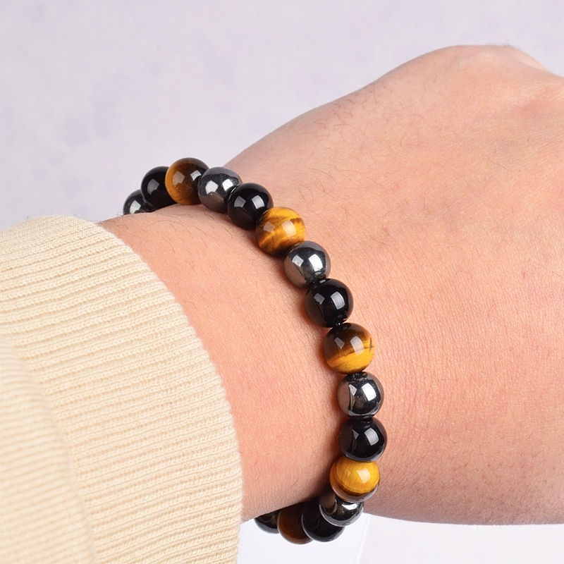 Thumbnail: Triple Protection Bracelet Tiger Eye Black Obsidian Hematite Elastic Men Bracel