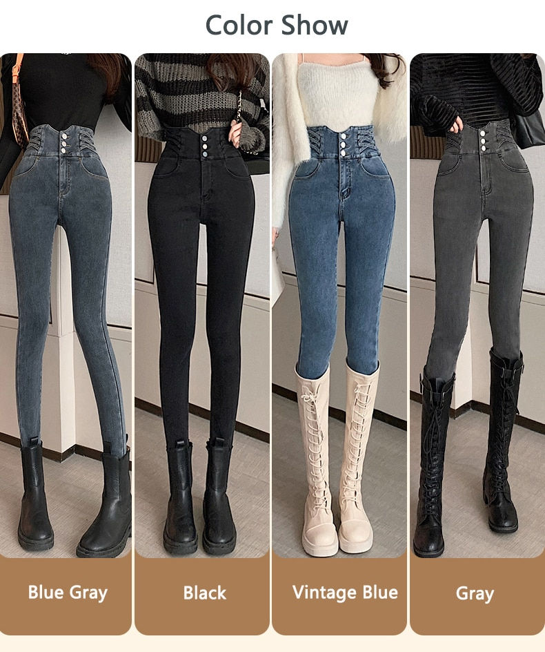 Thumbnail: ZOENOVA 2023 Winter Warm Women's Winter Jeans High Waist Skinny Pants Fleece  V