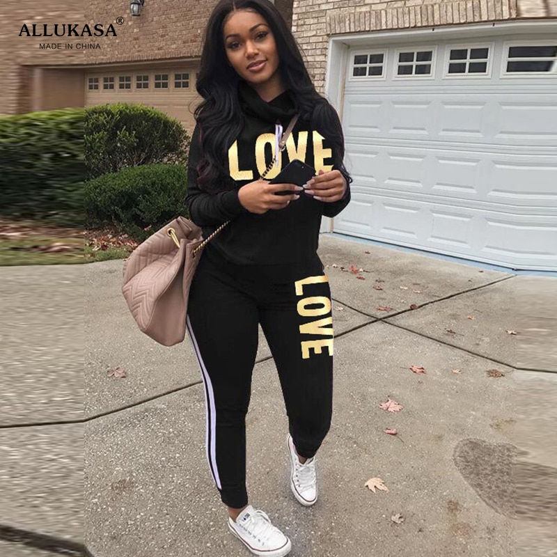 Thumbnail: 2 Piece Set Women Outfit LOVE Letter Print High Neck Hoodies Sweatshirt Pants T
