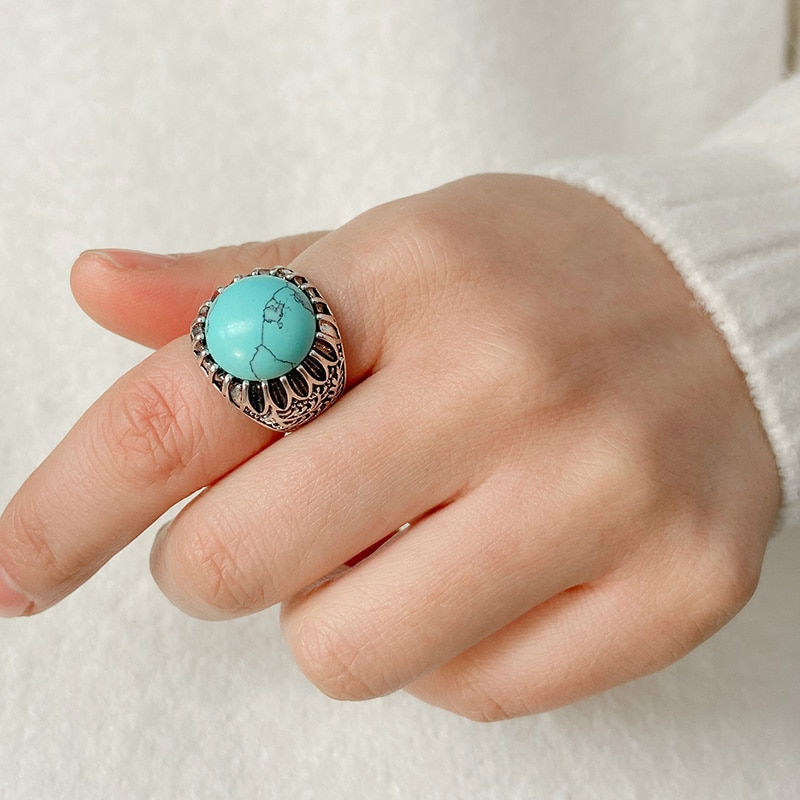 Thumbnail: Vintage Natural Stone Ring Oval Tiger Eye Lapis lazuli Stone Ring Boho Open Joi