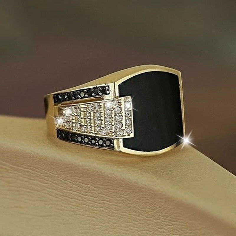 Thumbnail: Classic Men's Ring Fashion Metal Gold Color Inlaid Black Stone Zircon Punk Ring