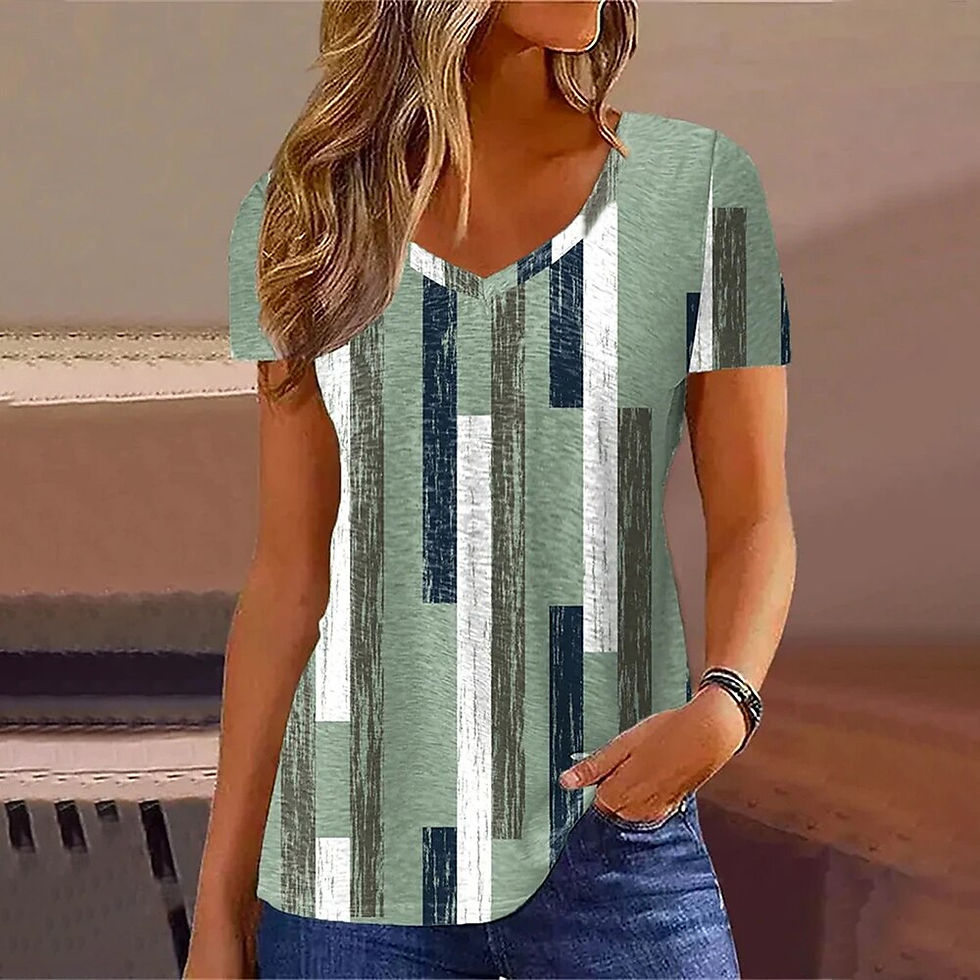 Thumbnail: New Women's T-Shirt Summer V-Neck Tee Loose Casual Top Stripes Funny Printed Fe
