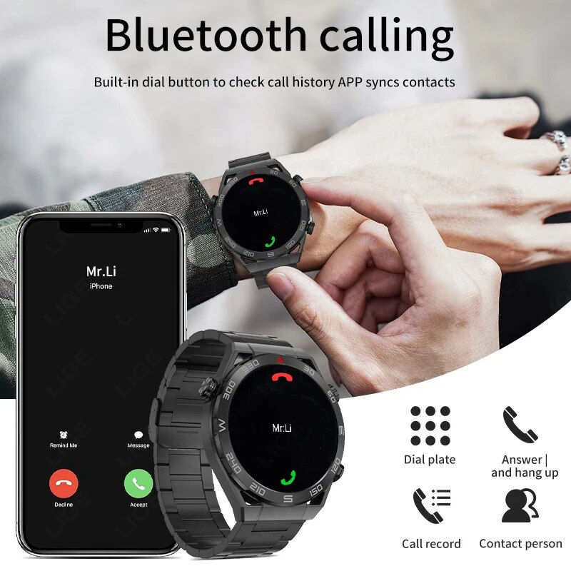 Thumbnail: New NFC Compass GPS Smart Watch Men AMOLED Screen Heart Rate Bluetooth Call Bra