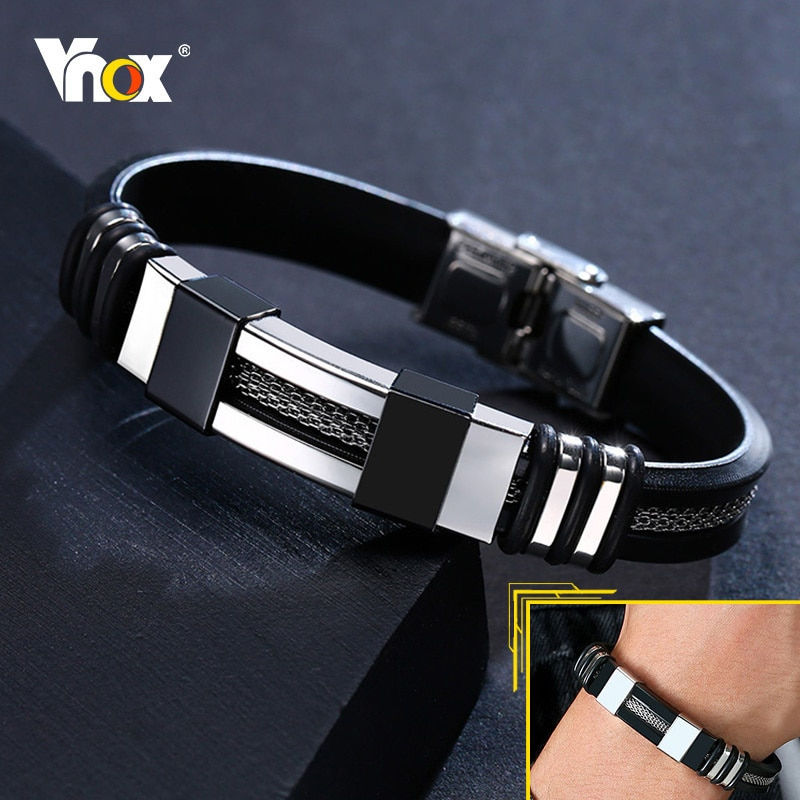 Thumbnail: Vnox Stainless Steel Bracelet Men Wrist Band Black Grooved Rudder Silicone Mesh