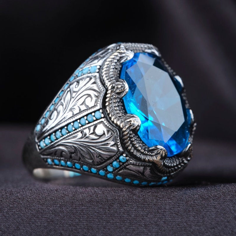Thumbnail: Retro Handmade Turkish Signet Rings for Men Ancient Silver Color Carved Ring My