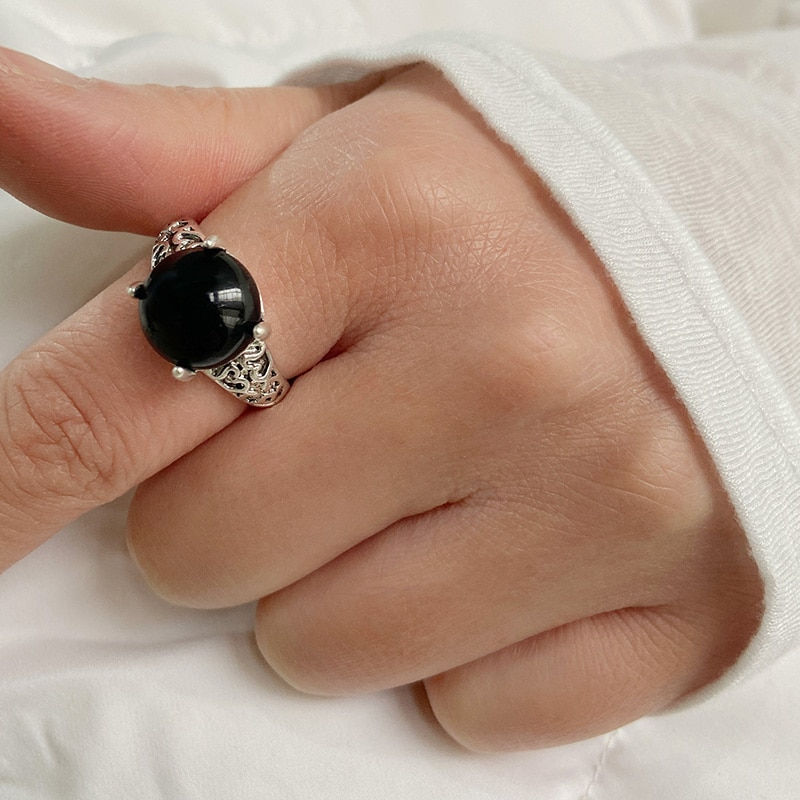 Thumbnail: Vintage Natural Stone Ring Oval Tiger Eye Lapis lazuli Stone Ring Boho Open Joi