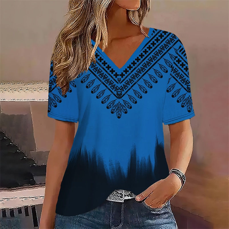 Floral Geometry 3D Print T Shirt Summer Women V-Neck Casual Tees Y2k Tops Fashi