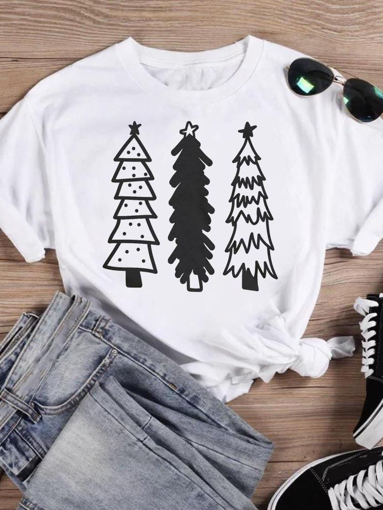 Thumbnail: Print T Top Women Holiday Clothing Merry Christmas Plaid Deer Trend Cute Fashio