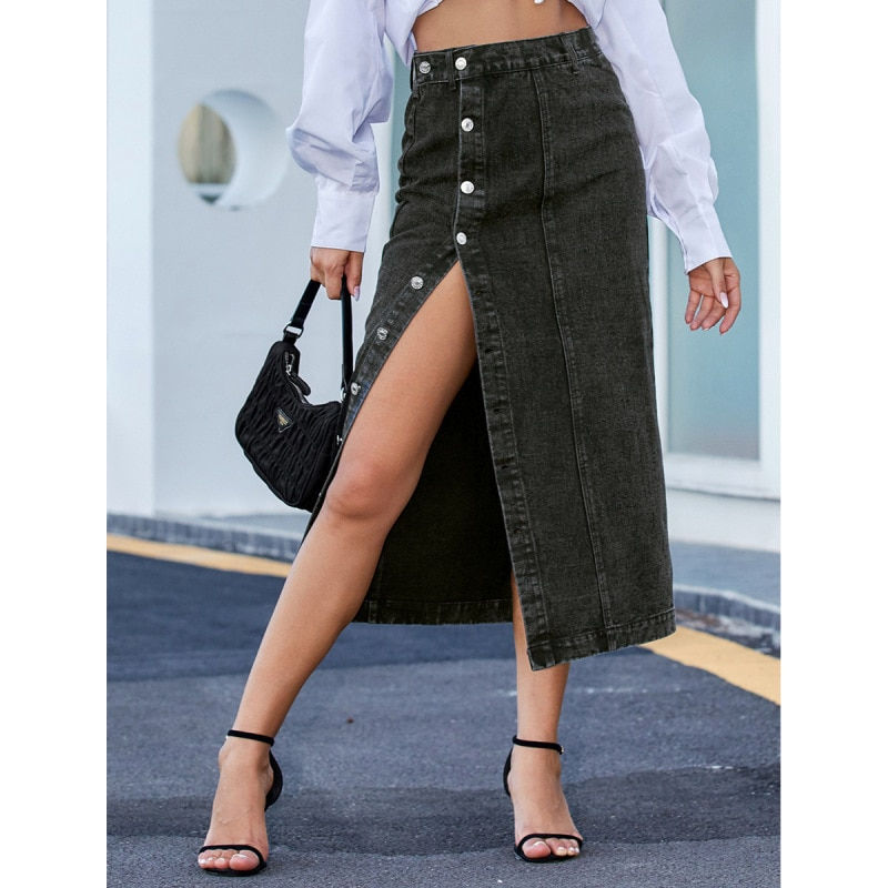 Thumbnail: Women's Long Denim Skirt Summer 2023 New Vintage High Wasit Jeans Skirt Button 