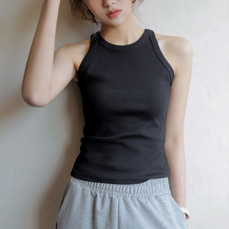 Thumbnail: Woman Tops Neck Summer Basic Shirts White Black Casual Sport Vest Off Shoulder 