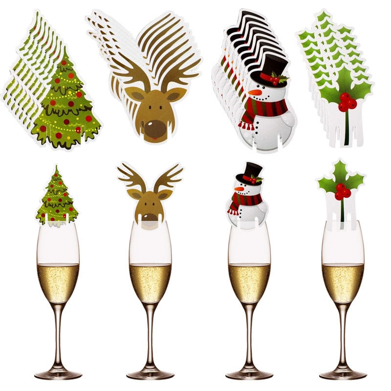 Thumbnail: 10PCS Christmas Cup Card Santa Hat Wine Glass Decor Ornaments Navidad Noel New 