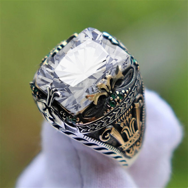 Thumbnail: Retro Handmade Turkish Signet Rings for Men Ancient Silver Color Carved Ring My