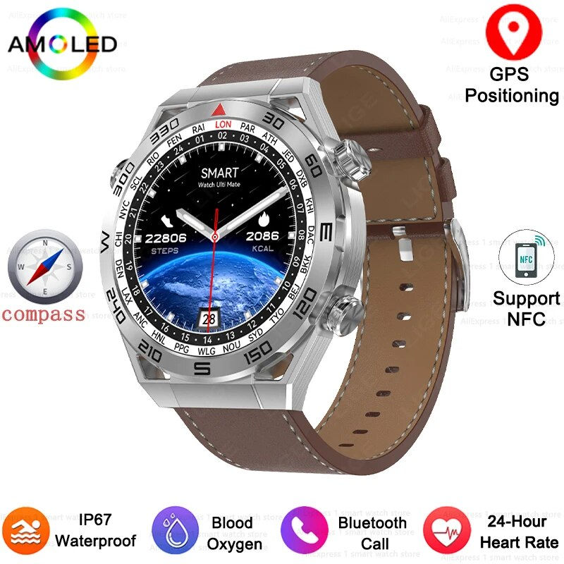 Thumbnail: New NFC Compass GPS Smart Watch Men AMOLED Screen Heart Rate Bluetooth Call Bra