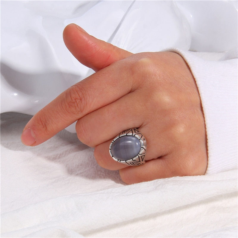 Thumbnail: Vintage Natural Stone Ring Oval Tiger Eye Lapis lazuli Stone Ring Boho Open Joi