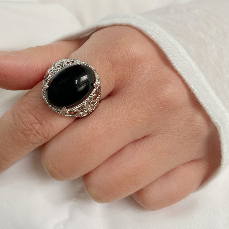 Thumbnail: Vintage Natural Stone Ring Oval Tiger Eye Lapis lazuli Stone Ring Boho Open Joi