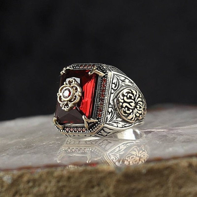 Thumbnail: Retro Handmade Turkish Signet Rings for Men Ancient Silver Color Carved Ring My