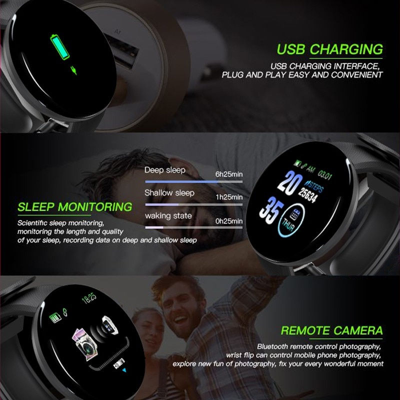 Thumbnail: D18 Smart Watch Men Women Smartwatch Blood Pressure Waterproof Digital Watches 