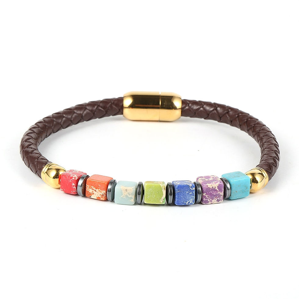 Thumbnail: Men Women Natural Cube Stone 7 Chakras Yoga Balance Bracelet Genuine Leather St