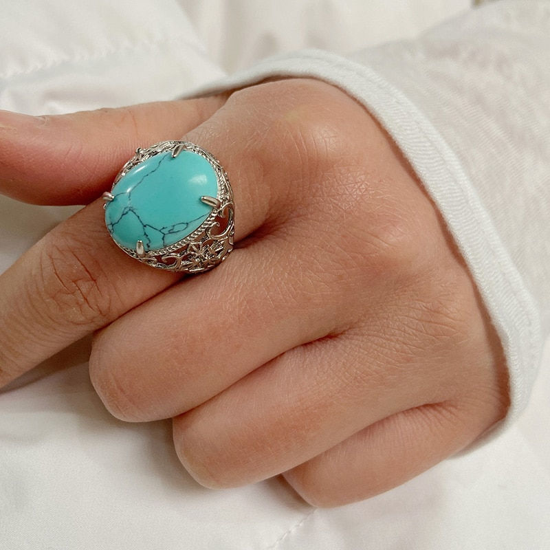 Thumbnail: Vintage Natural Stone Ring Oval Tiger Eye Lapis lazuli Stone Ring Boho Open Joi
