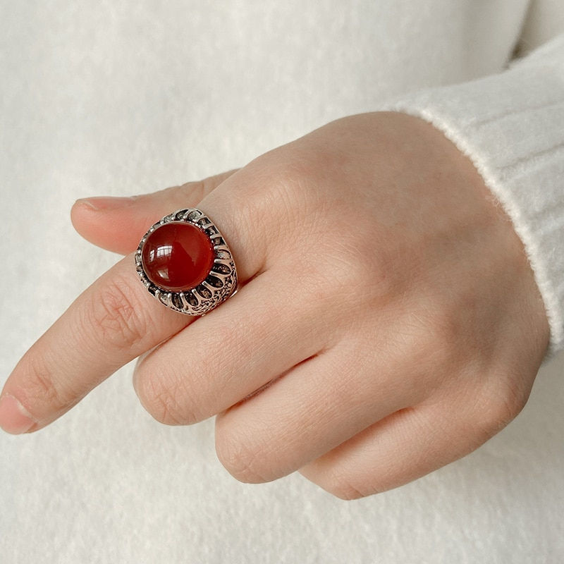 Thumbnail: Vintage Natural Stone Ring Oval Tiger Eye Lapis lazuli Stone Ring Boho Open Joi