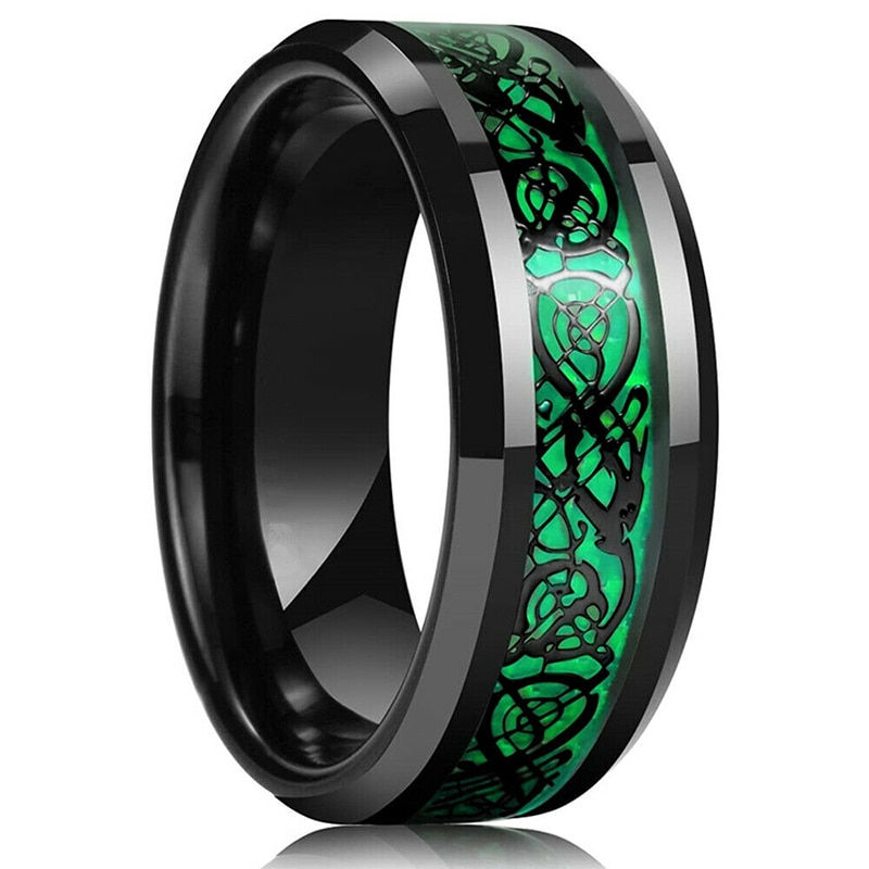 Thumbnail: Fashion 8mm Men Red Groove Beveled Edge Stainless Steel Celtic Dragon Ring Zirc