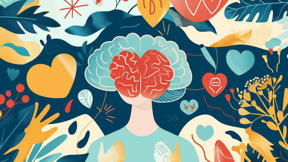Illustration of a person with brain visible, surrounded by colorful hearts, plants, and hands, suggesting emotions.