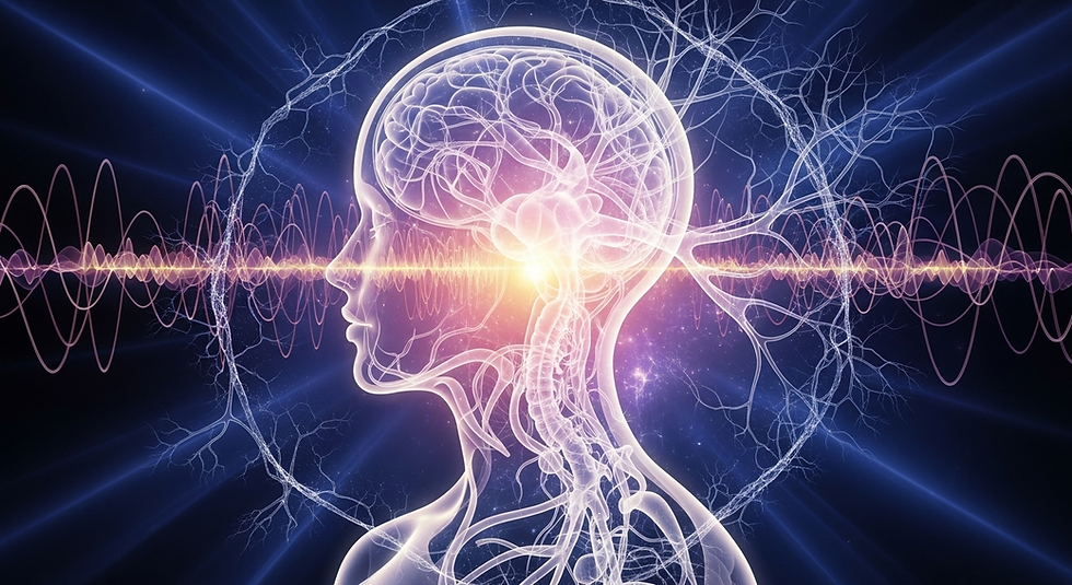 Transparent human profile showing the nervous system, with brain and nerves illuminated. Surrounded by wave patterns, set on a dark background.
